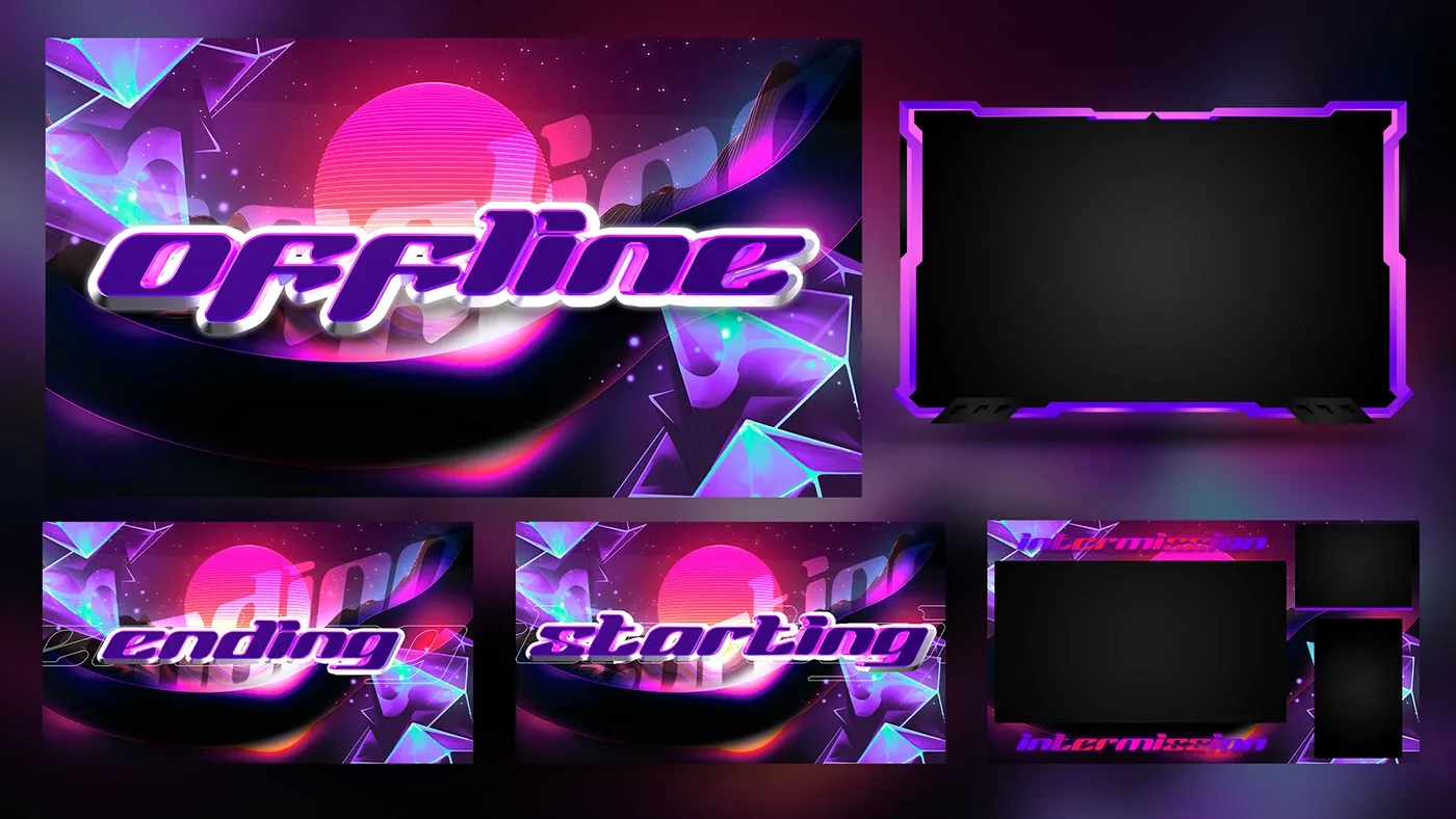 Twitch stream overlay package design — offline, starting, and intermission screens